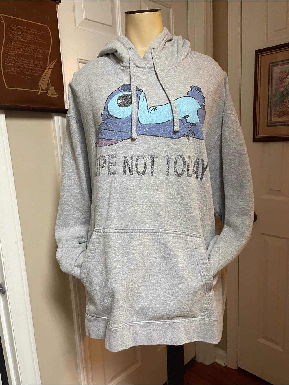 Disney Men's/Womens Light Gray Hoodie with Blue Stitch Graphic